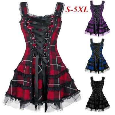 Nowa sukienka w stylu gotyckim damska bez rękawów krzyżowa koronka wąska talia krótkie średniowieczne kostiumy Cosplay