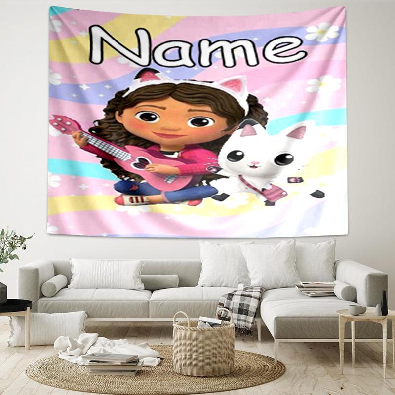Custom Name Gabby’s Dollhouse Print Tapestry, Backdrop, Easy Setup, Ideal for Bedroom, Office & Living Room, with Aesthetic Wall Hanging Decor.