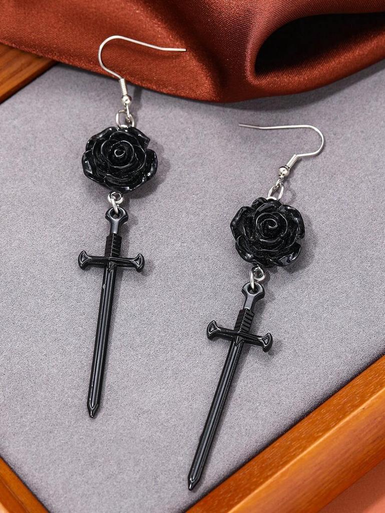 1 Pair Thorn Rose Long Sword Earrings, Gothic Dark Wind Earrings, Suitable for Daily Wear