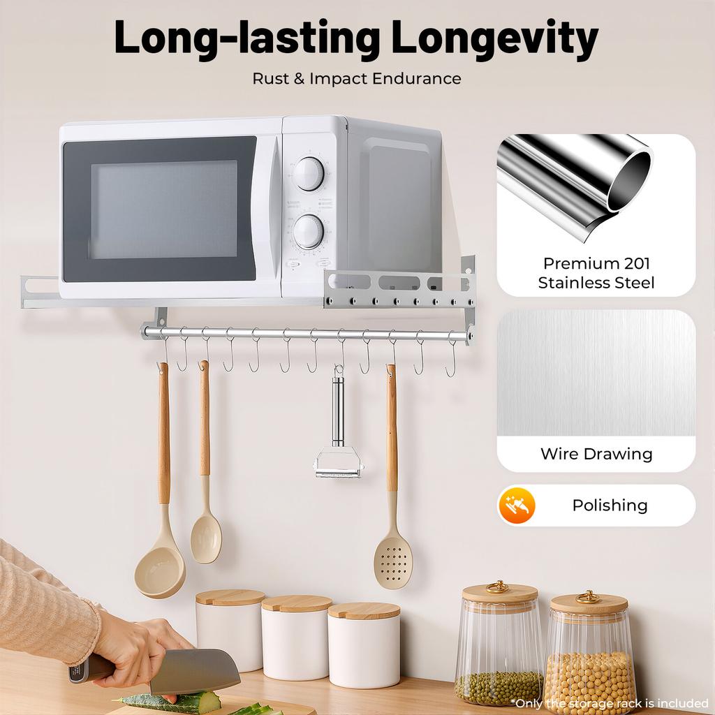Stainless Steel Microwave Shelf Wall Mount, 18kg Load Kitchen Storage Rack with Hooks for Home Commercial Use