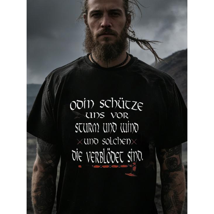 Schwarzes T-Shirt mit Odin-Schutztext und nordischem Symbol-Print für Outdoor-Abenteuer und Wikinger-Themenveranstaltungen, GROßE GRÖSSE