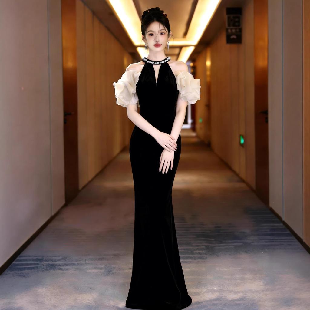 Black Evening Dress Women's 1011 New Light Luxury Niche High-end Fishtail Beautiful Senior Sense Engagement Banquet Host