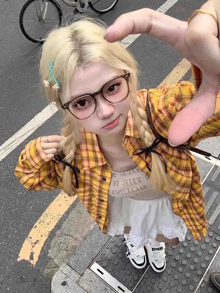 

2025 Yellow Plaid Long-Sleeve Oversized Women s Harajuku Shirt for Spring/Autumn M