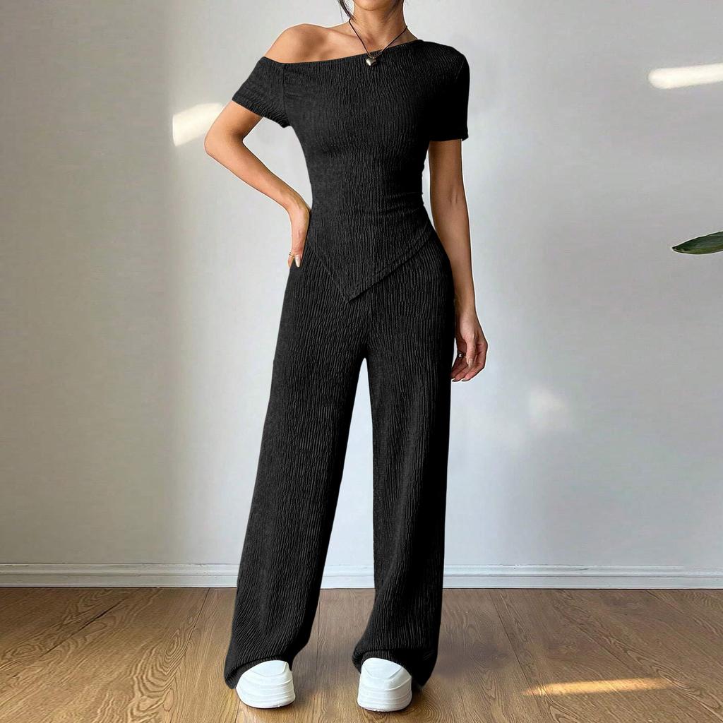 Damen Sets Ein Schulter T-Shirt Und Weitbeinige Hose Mit Niedriger Taille Set