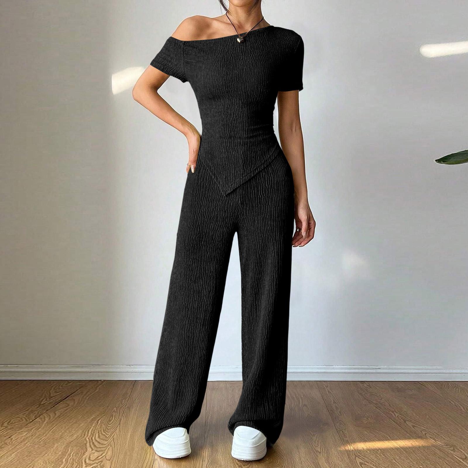 

Womens Sets One Shoulder T-Shirt And Wide Leg Low Waist Pants Set L