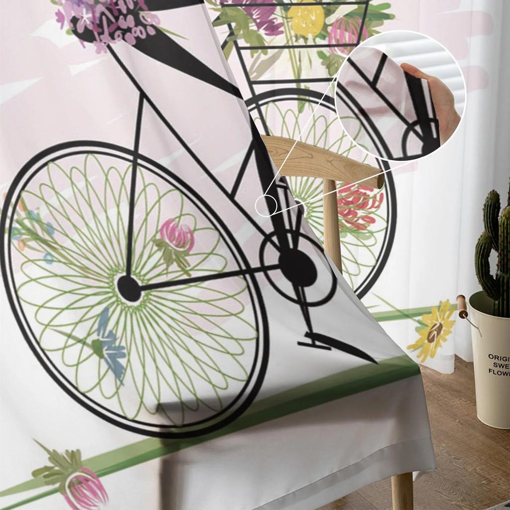 Fahrrad-Mädchen-Blumen-Cartoon-Vorhang für Schlafzimmer, Tüll-Voile-Vorhang für Küche, Wohnzimmer, Dekor, Fensterbehandlung