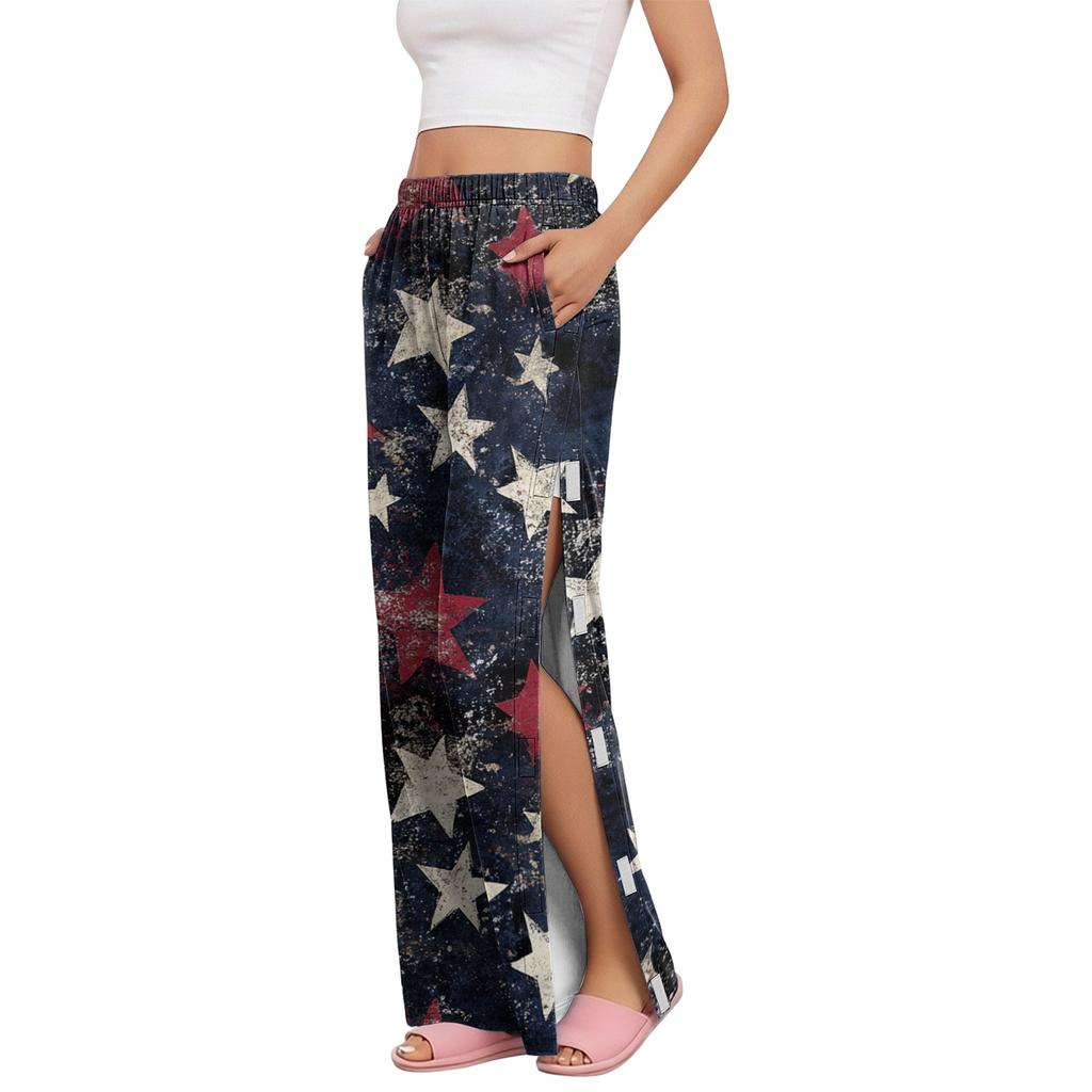 Women Independence Day Print Side Velcro Closure Easy Open Post Surgery Recovery Long Pants Comfortable Fit Soft Fabric