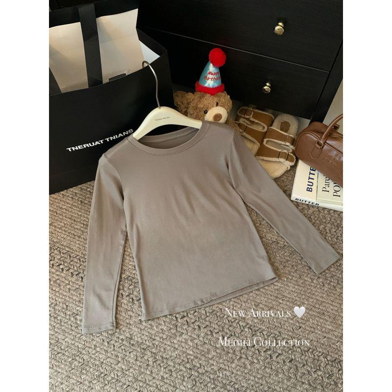 Simple Basic Pure Color All-Matching round Neck Pullover Long Sleeves T-shirt Female Autumn Soft Glutinous Inner Bottoming Shirt Ins Tops