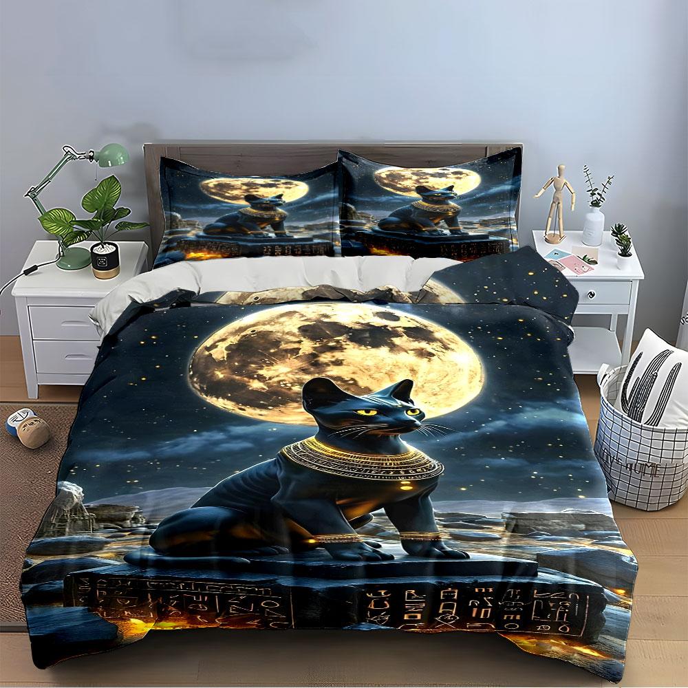 Egyptian Cat Statue Under Moon Bedding Duvet Cover Set (1*Duvet Cover 2*Pillowcases, without duvet insert)