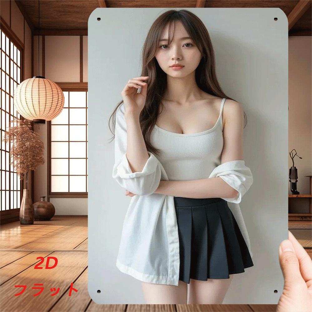Hisun Tin Sign HD Metal Tin Sign Beautiful Asian Model In White Cami Pleated Skirt Studio Portrait Wall Art Decor