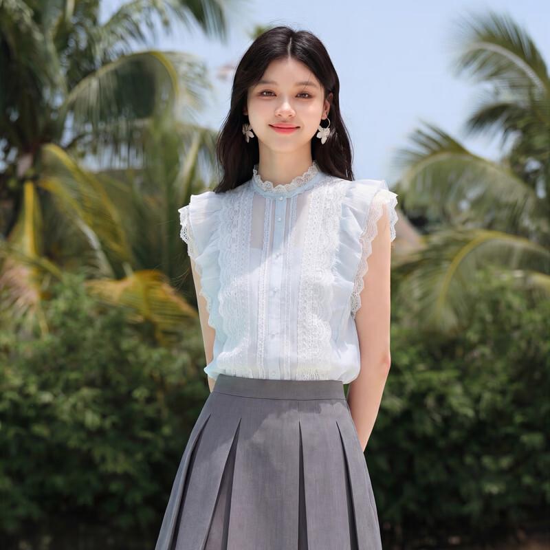 

Women s Casual Round Neck Ruffle Lace Top M