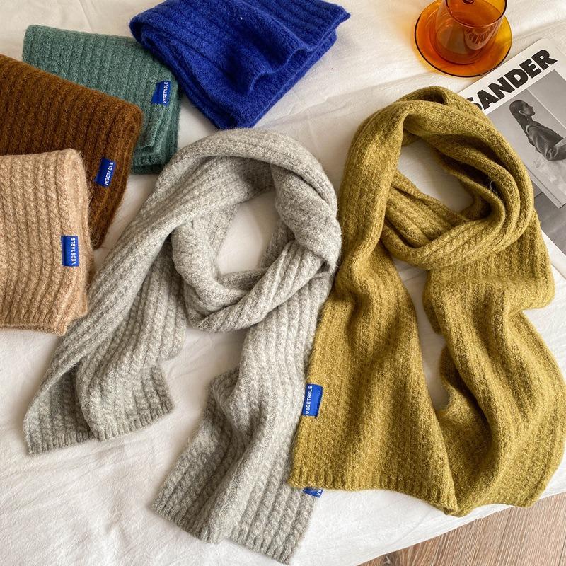 Wool knitted wool small scarf women's winter beige versatile couple solid color short scarf men's thin narrow