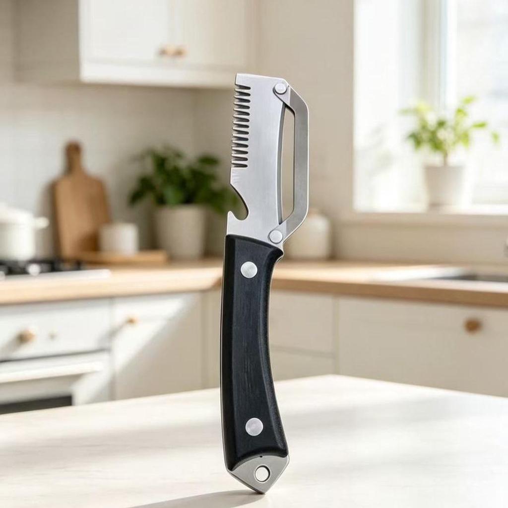 Multi-functional Wooden Handle Stainless Steel Peeler & Melon/Scallion Slicer