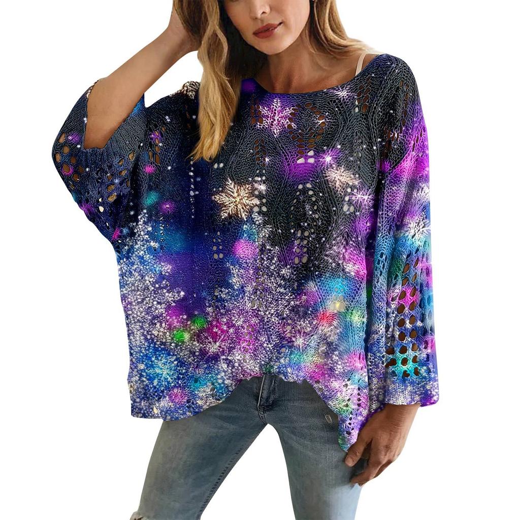 XY-LK01-Pullover hollow blouse 3D printed sweater spring and summer new