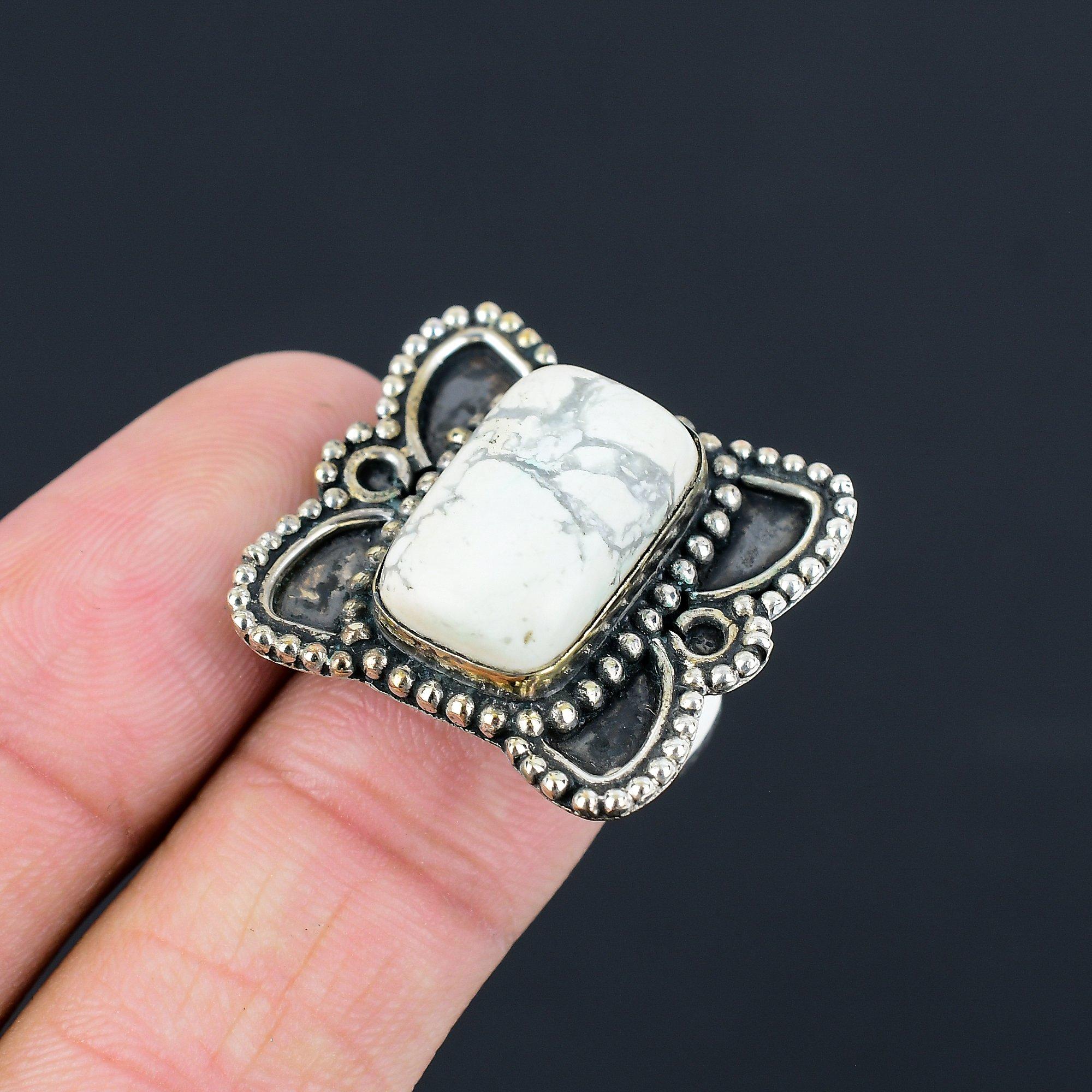

925 Silver Radiant Howlite Stone Statement Engagement Art Deco Wedding Ring US 8 8