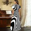 Women Plus Size V Neck Short Sleeve Black White Printed Straight Long Dress