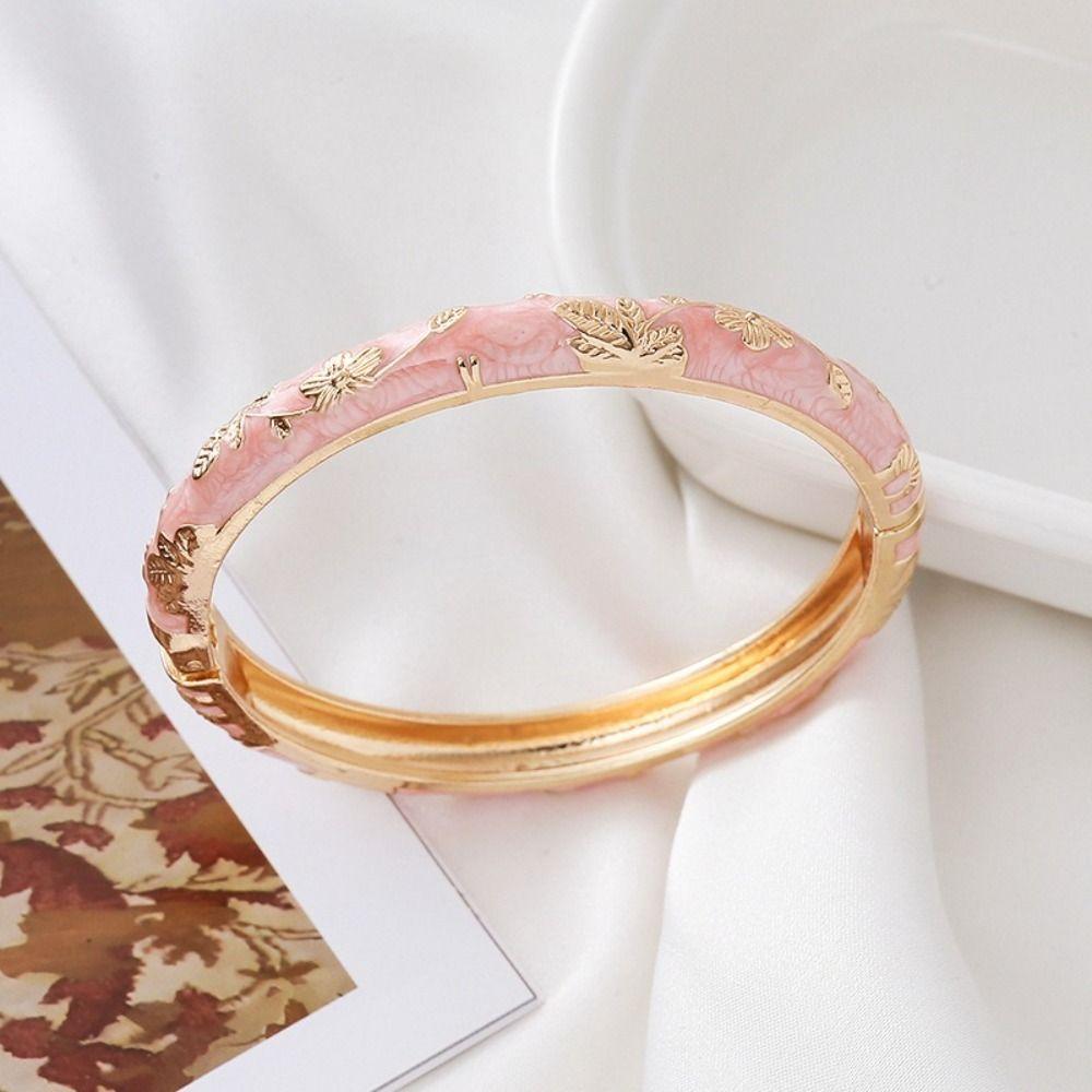 Leaf Floral Pattern Enamel Bangle Bracelet Gold Color Cloisonne Bracelet Beach Vacation