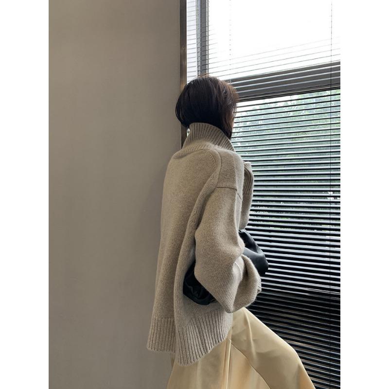 Women S Autumn Winter High Neck Pullover Sweater Loose Fit Casual Lazy Style Solid Color Knit Top