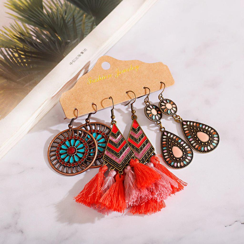 Bohemian Ethnic Retro Earring Set: 3-Piece Hanfu & Nepal Style for Women