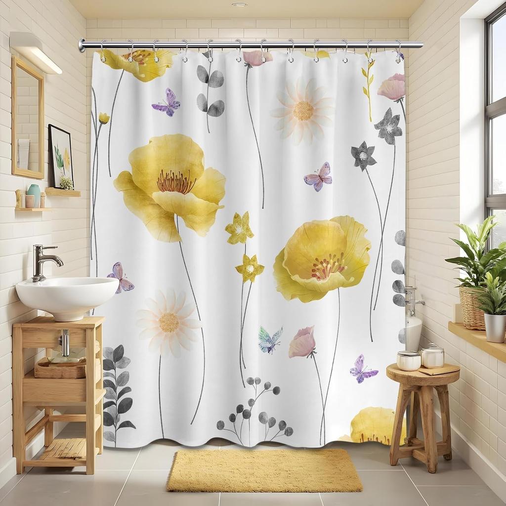 Gelb und Grau Aquarell Blumig Duschvorhang Grau und Gelb Frühling Sommer Modern Minimalistisch Blume Duschvorhänge für Bad