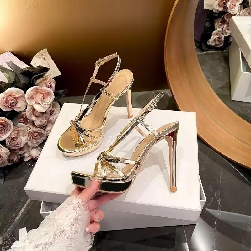 

Fashion Beautiful Open-toe Gold High-heeled Shoes for Women 2025 New Summer Wear Slim Heel with Platform Sexy Sandals 34 золотой