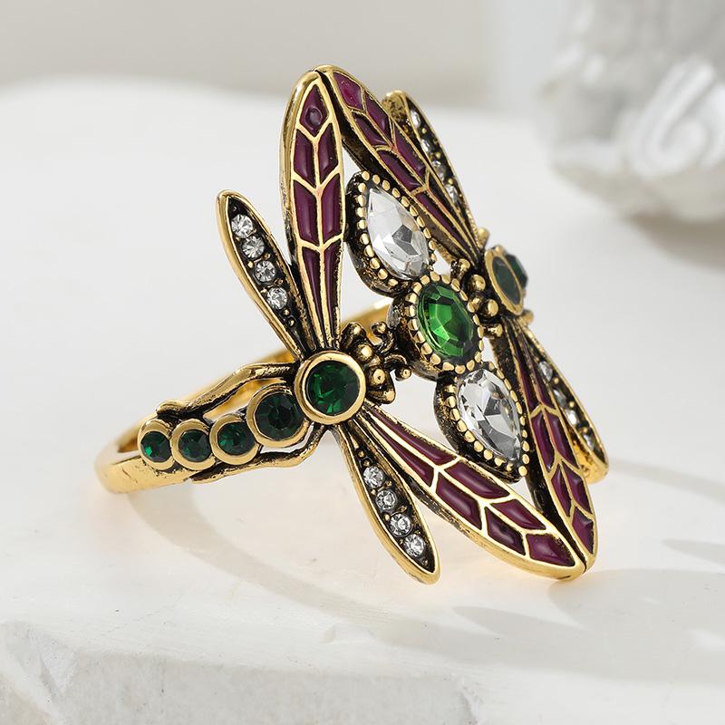 Vintage Inlaid White Green CZ Dragonfly Women's Ring Ethnic Gold Color Hand Carving Daily Wear Party Jewelry Anniversary Gift