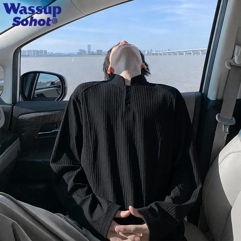 Wassup Sohot American Style Henry Collar Long Sleeve Polo Shirt
