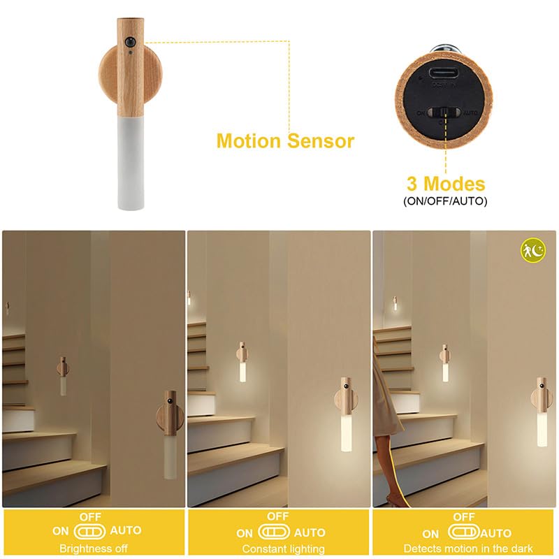 LANDGOO Motion Sensor Night Light, Magnetic Body Sensor, Hallway Rechargeable LED Light, Portable Staircase Light, Wooden Wall Sconce, Battery-Powered