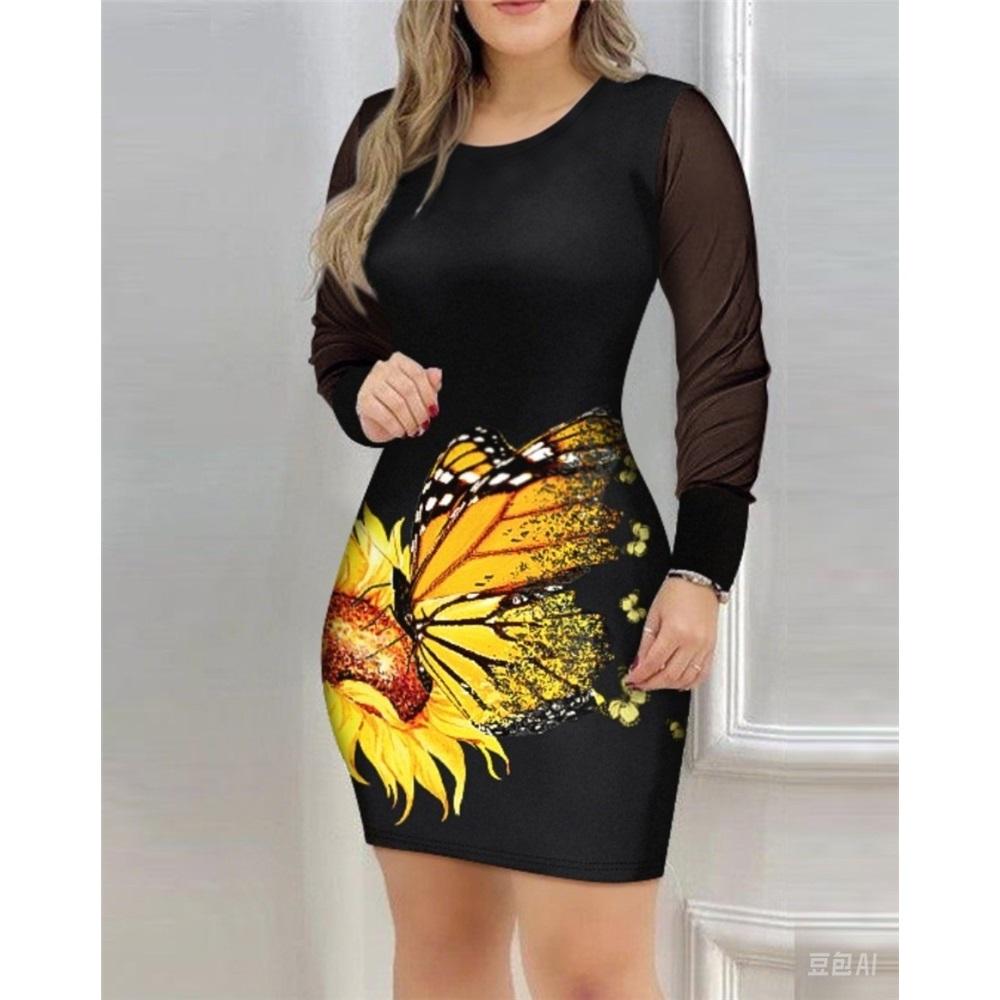 Women's Mesh Long-sleeved V-neck Slim-fit Printed Dress for Women