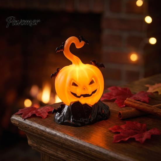 Tabletop Centerpieces for Bar 2Pcs Halloween Pumpkin Night Light, Flameless LED Candle Lamp with Bat Indoor Holiday Atmosphere Lamps Decor,