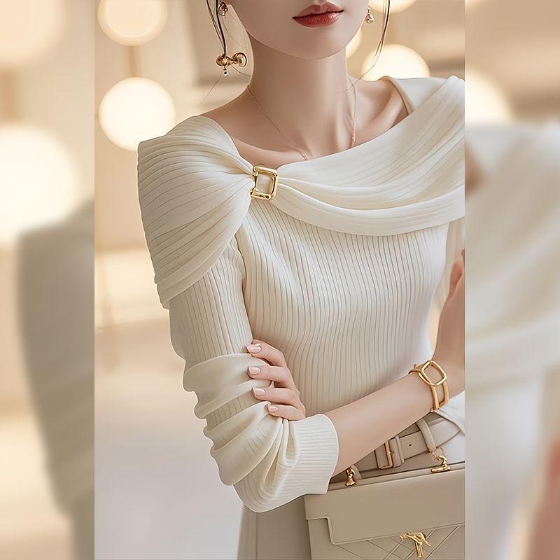 Fashion Elegant One-word Shoulder Shawl Knitted Sweater Autumn Winter New Bottoming Women's Clothing Korean Style Pullover Knit Casual Sweaters 1980