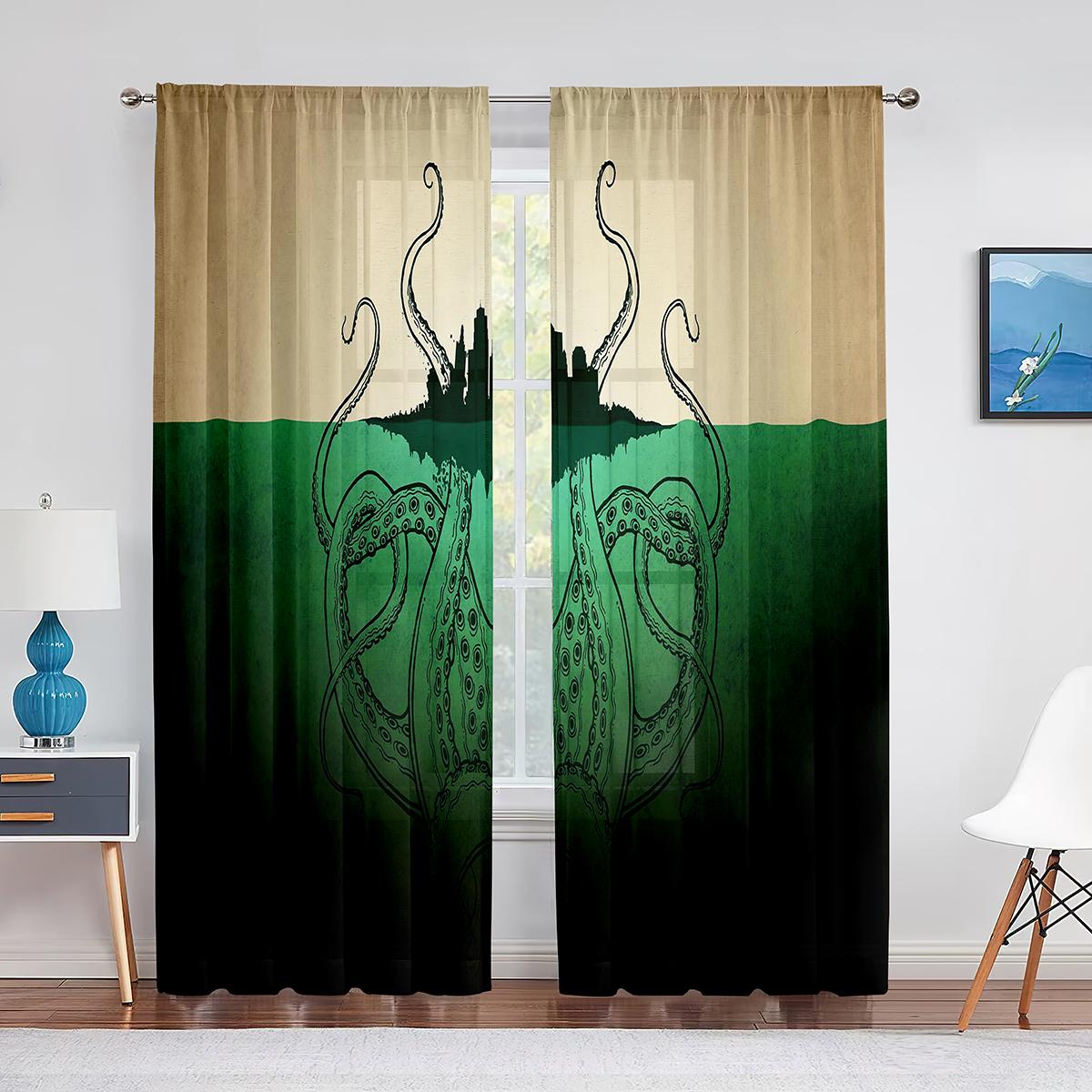 Крутые красные шторы из шифона-вуали с морским осьминогом для декора гостиной — фото 8