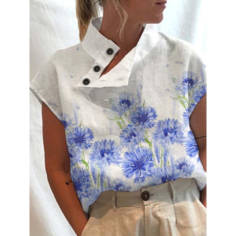 

TIFICY Women s Fashion Casual Summer Spring Flower Pattern Print Short Sleeve Stand-Neck Blouses & Shirts XXXL