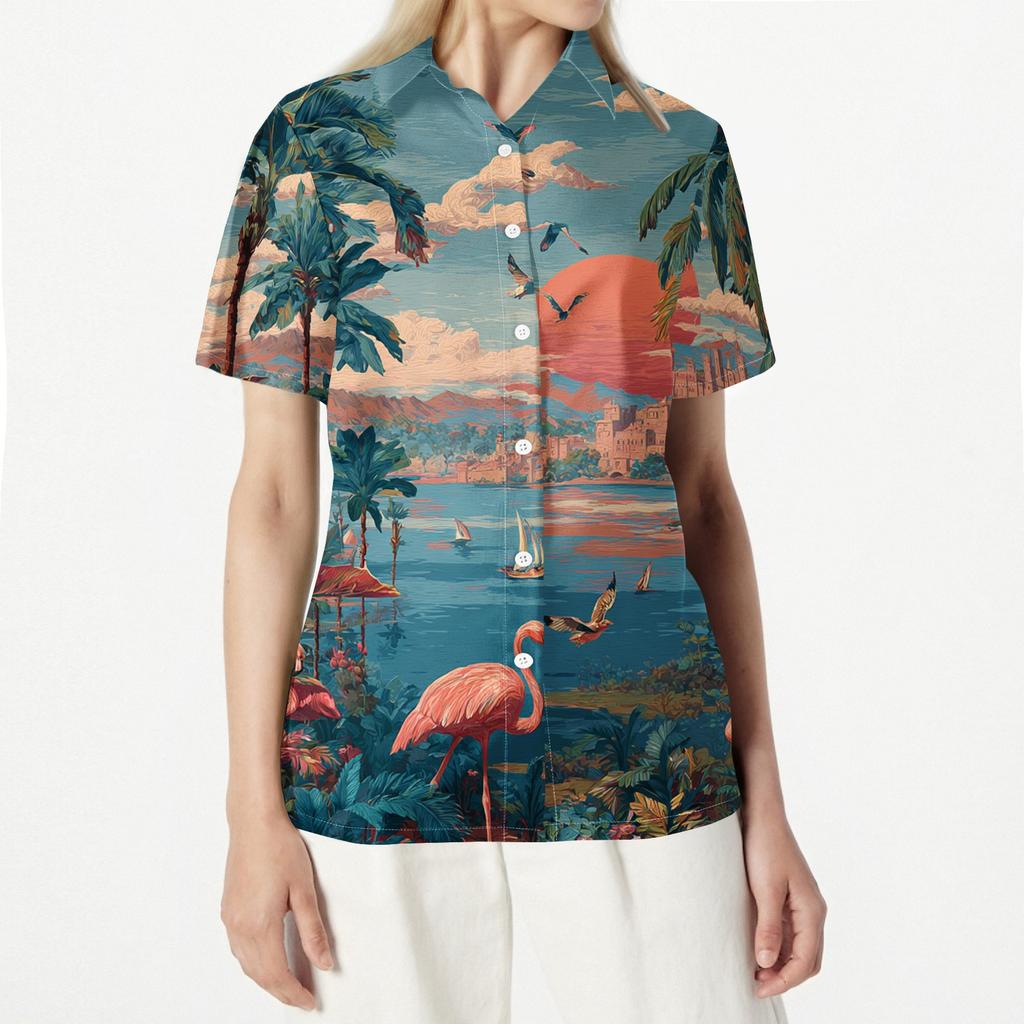Damen Casual Hawaiian Print Kurzarm Hemd mit Knöpfen Lockerer Schnitt Offener Kragen Bluse Leichtes Sommer Top