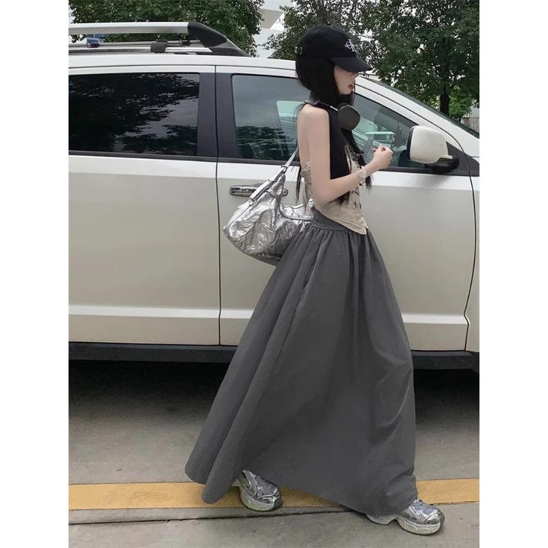 Women Retro Pockets A Line Long Skirt Ladies Casual Loose Elastic High Waist Midi Skirt Spring Summer Skirt