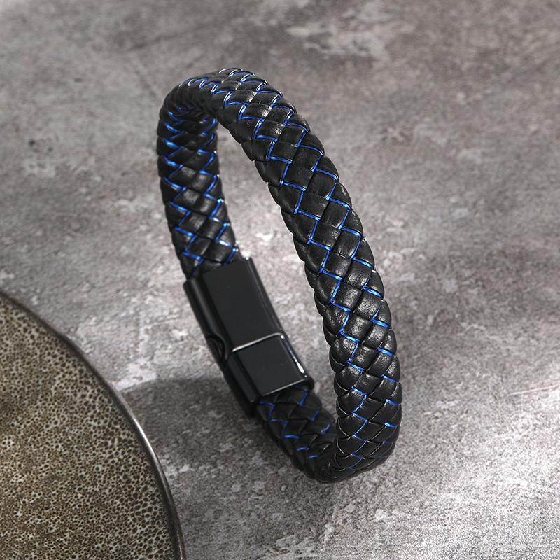 

Мужской браслет-манжета из натуральной кожи, черный плетеный браслет, магнитные застежки из нержавеющей стали, наручный браслет, мужские аксессуары-браслеты синий