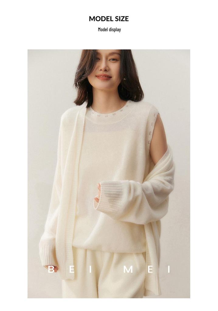Autumn/Winter 2025 Women's Wide Sleeve Cashmere Cardigan Set - Mid-Length, No-Button, Simple Casual Knitwear.