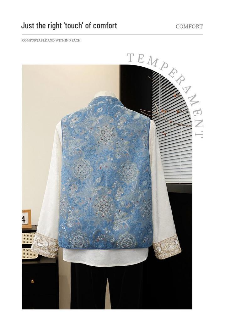 Women's Blue Brocade Jacquard Vest - New 2026 Chinese Style with Frog Buttons, Sleeveless Elegance for Spring