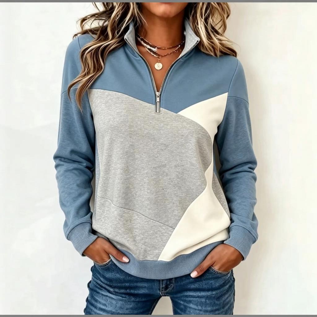 Women's Half-Zip Color Block Sweatshirt, Stand Collar Long Sleeve Geometric Pullover for Casual Wear