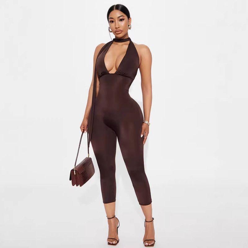 Cross-Border European and American Style E-Commerce Halter Neck Backless Hollow-Out Simple Solid Color Jumpsuit Dropshipping