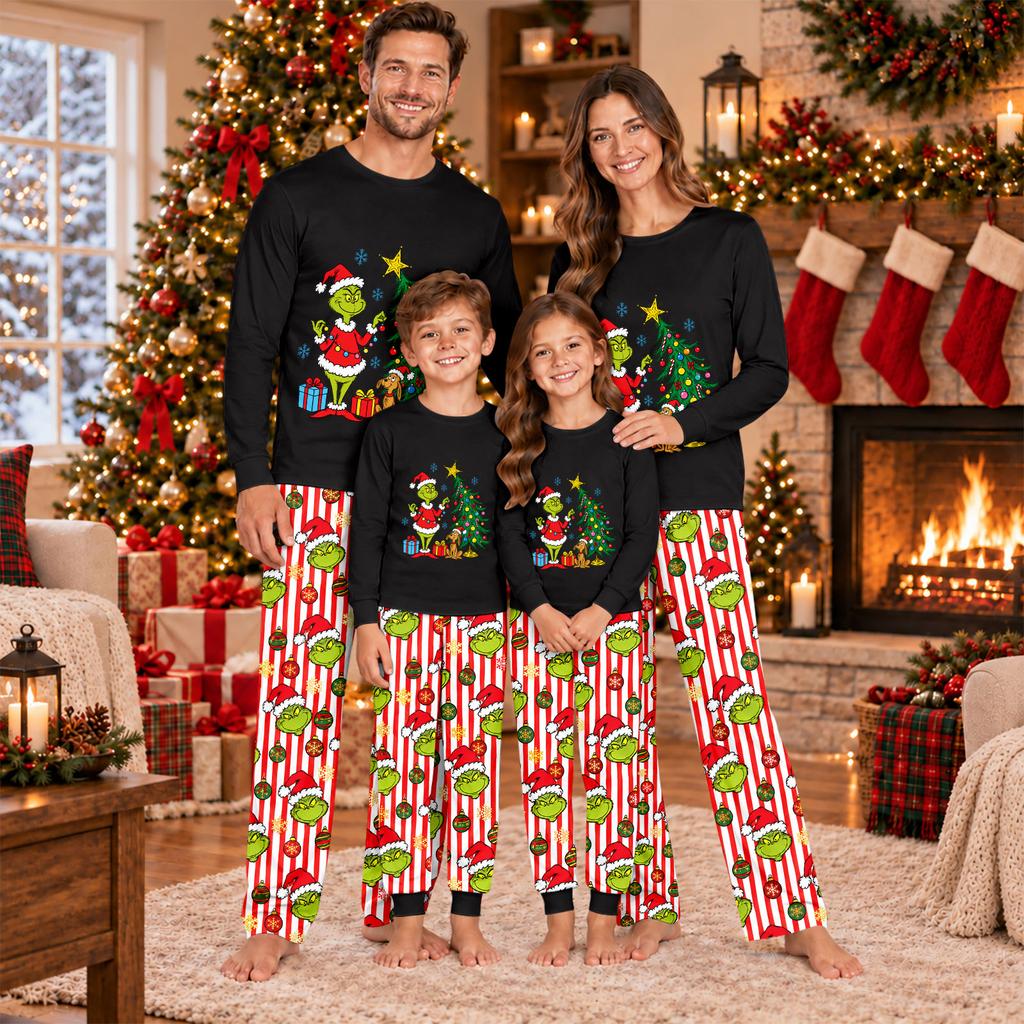 Family Matching Parent-Child Long Sleeve and Pants Pajama Set Loungewear for Home Wear