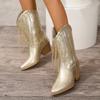 Schuhe für Damen 2026 Fransen Pailletten Design Mode Damenstiefel Bequemer Blockabsatz Moderne Stiefel Neue Goldene Plateau-Stiefel
