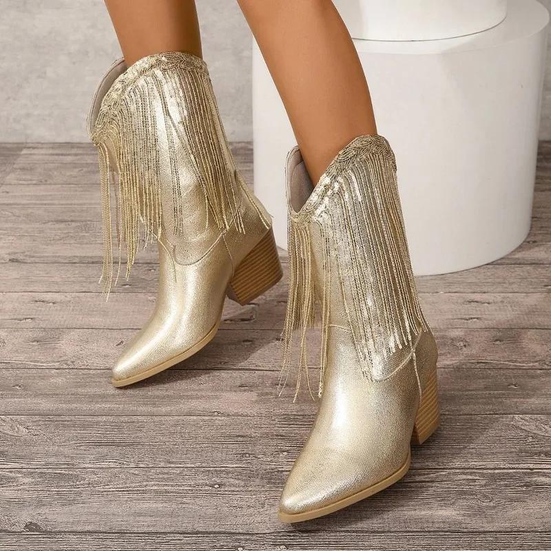 Schuhe für Damen 2026 Fransen Pailletten Design Mode Damenstiefel Bequemer Blockabsatz Moderne Stiefel Neue Goldene Plateau-Stiefel