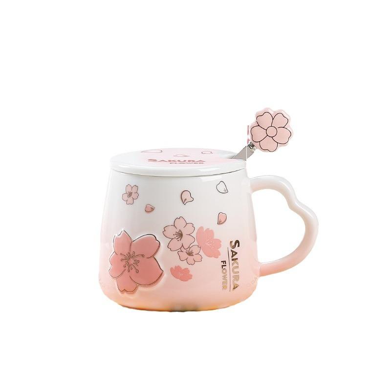 New Creative Cherry Blossom Ceramic Water Cup with Lid Spoon Heat resistant Cup Home Office Relief Mug Girl Heart