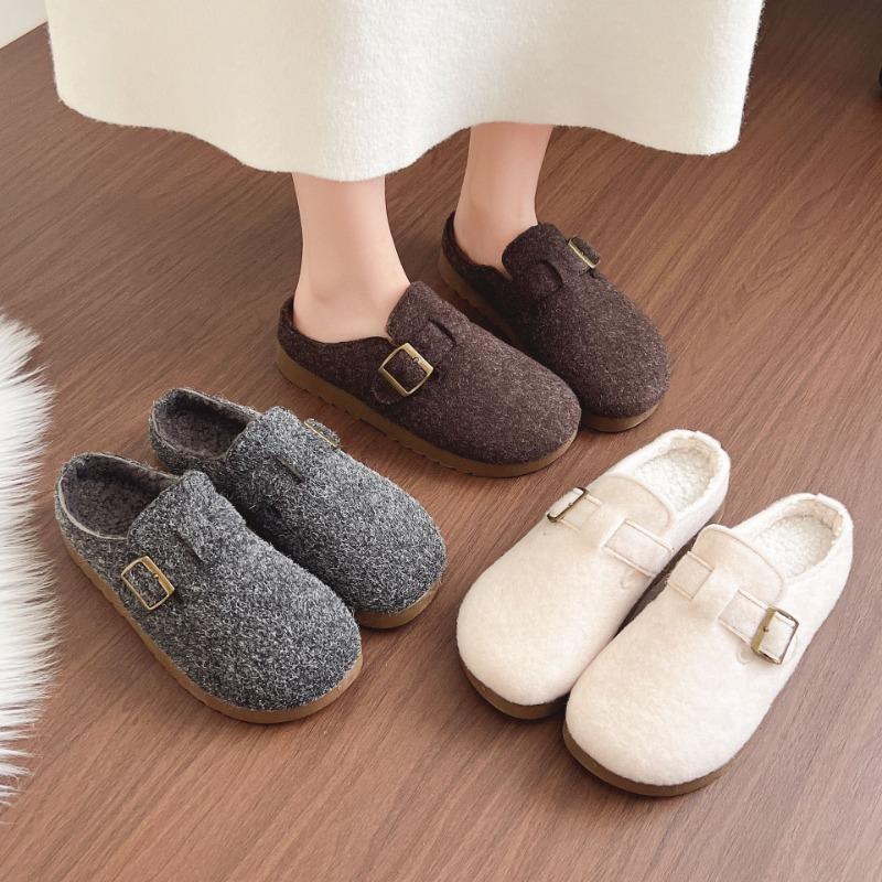 Winter New Retro Women's Half Slippers Outer Wear Velvet Thickened Warm Lazy Shoes Casual Cotton Shoes