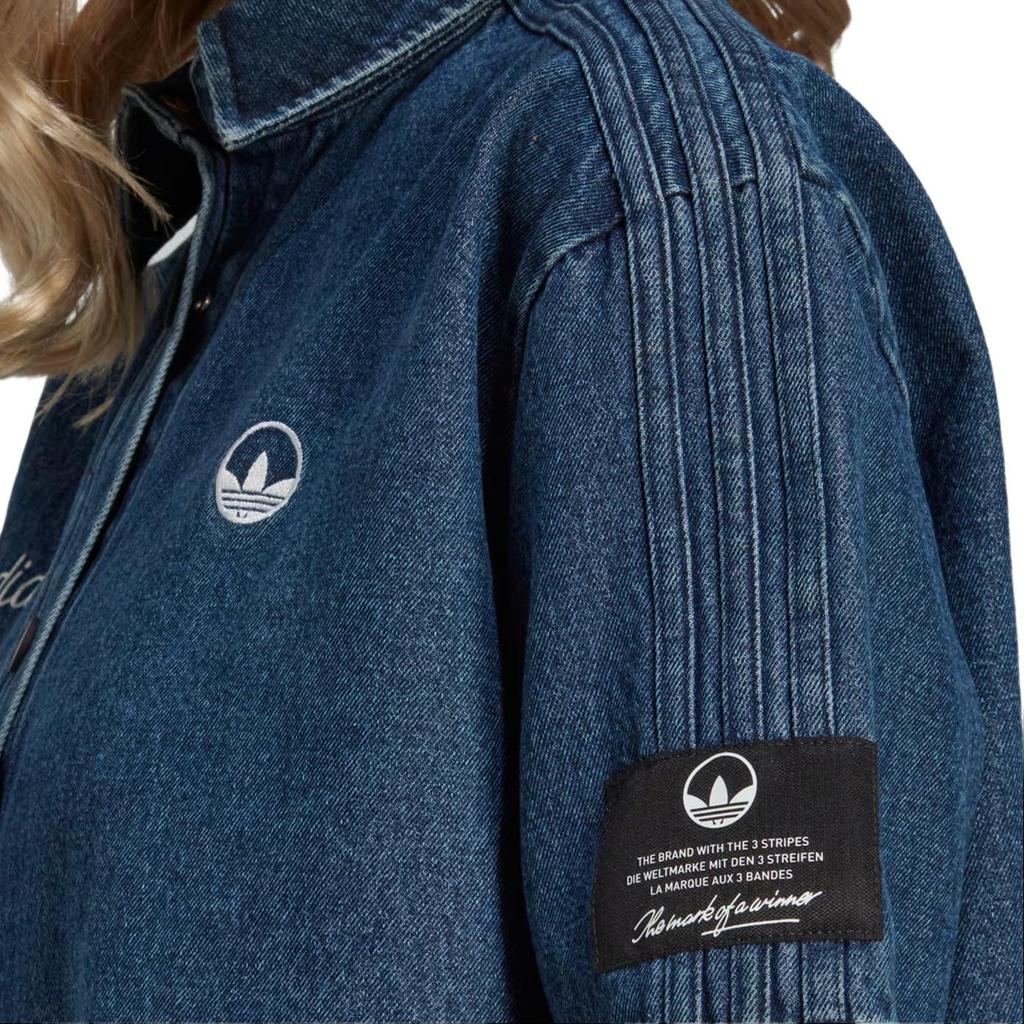 Adidas Originals FW22 Embroidered Logo Single-Breasted Denim Sports Short Sleeve Shirt Women Tops Blue HL9059