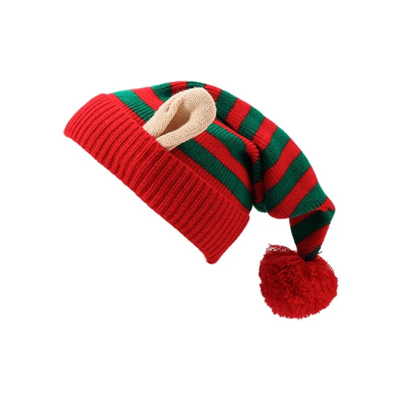 Knitted Acrylic Christmas Hats striped With Ear Top Winter Outdoor Wool Ball Daily Wear