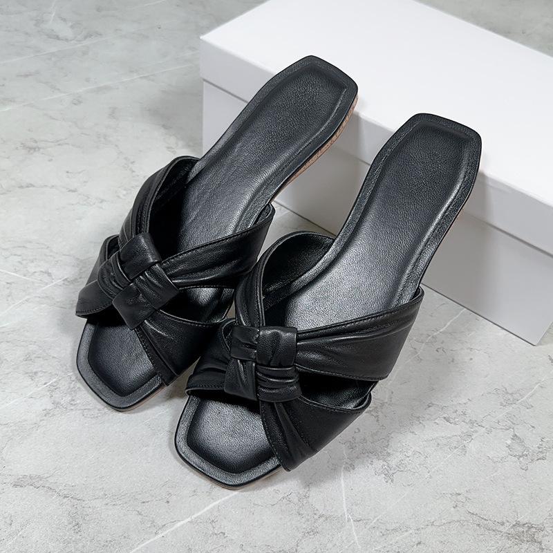 

Sheepskin version~ niche row style woven flat-bottomed summer one-word cool slippers women wear new lazy beach shoes 40 чёрный