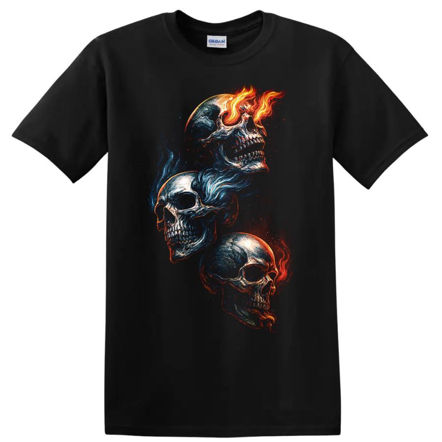Skull Fire Ice Gothic T Shirt W/ Three Skeleton Skulls Blue Red Graphic Art Tee