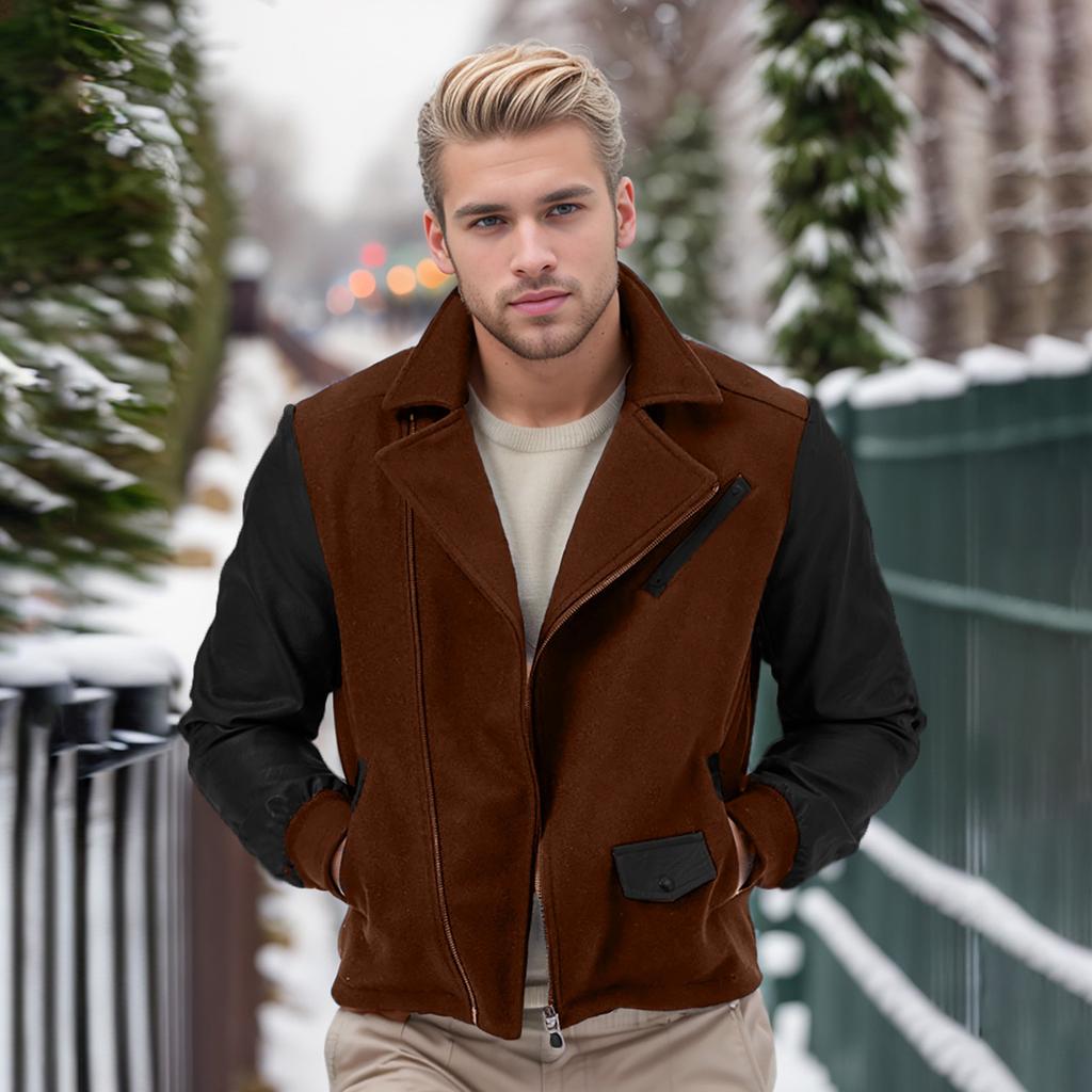 Men's Patchwork Woolen Jacket Lapel Colorblock Coat Casual Slim Fit Zipper Long Sleeve Jacket